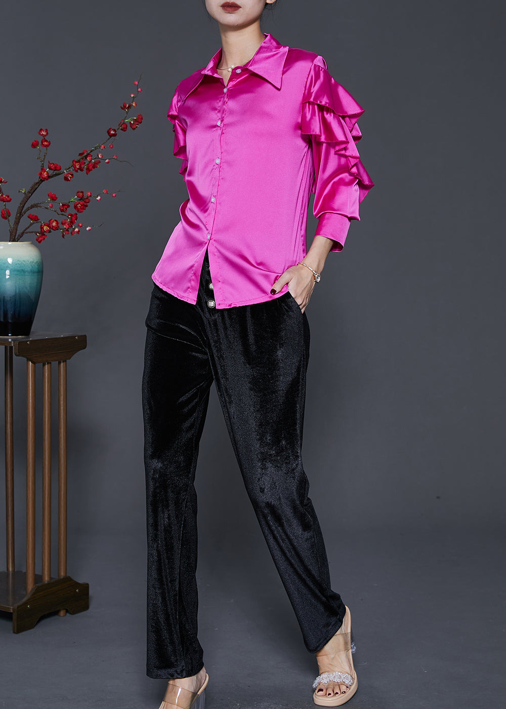 Beautiful Rose Silm Fit Silk Two Pieces Set Butterfly Sleeve - Omychic