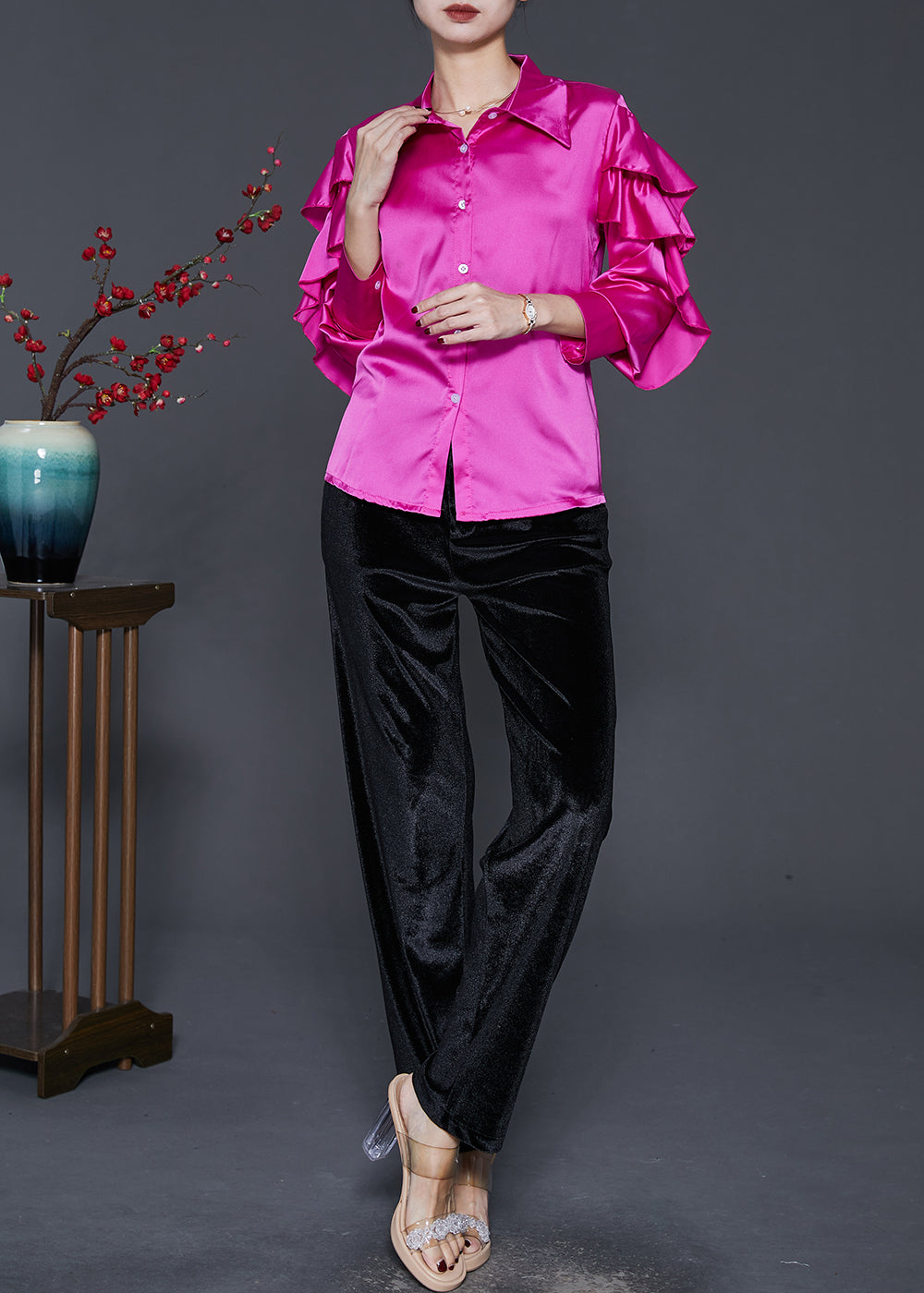 Beautiful Rose Silm Fit Silk Two Pieces Set Butterfly Sleeve - Omychic
