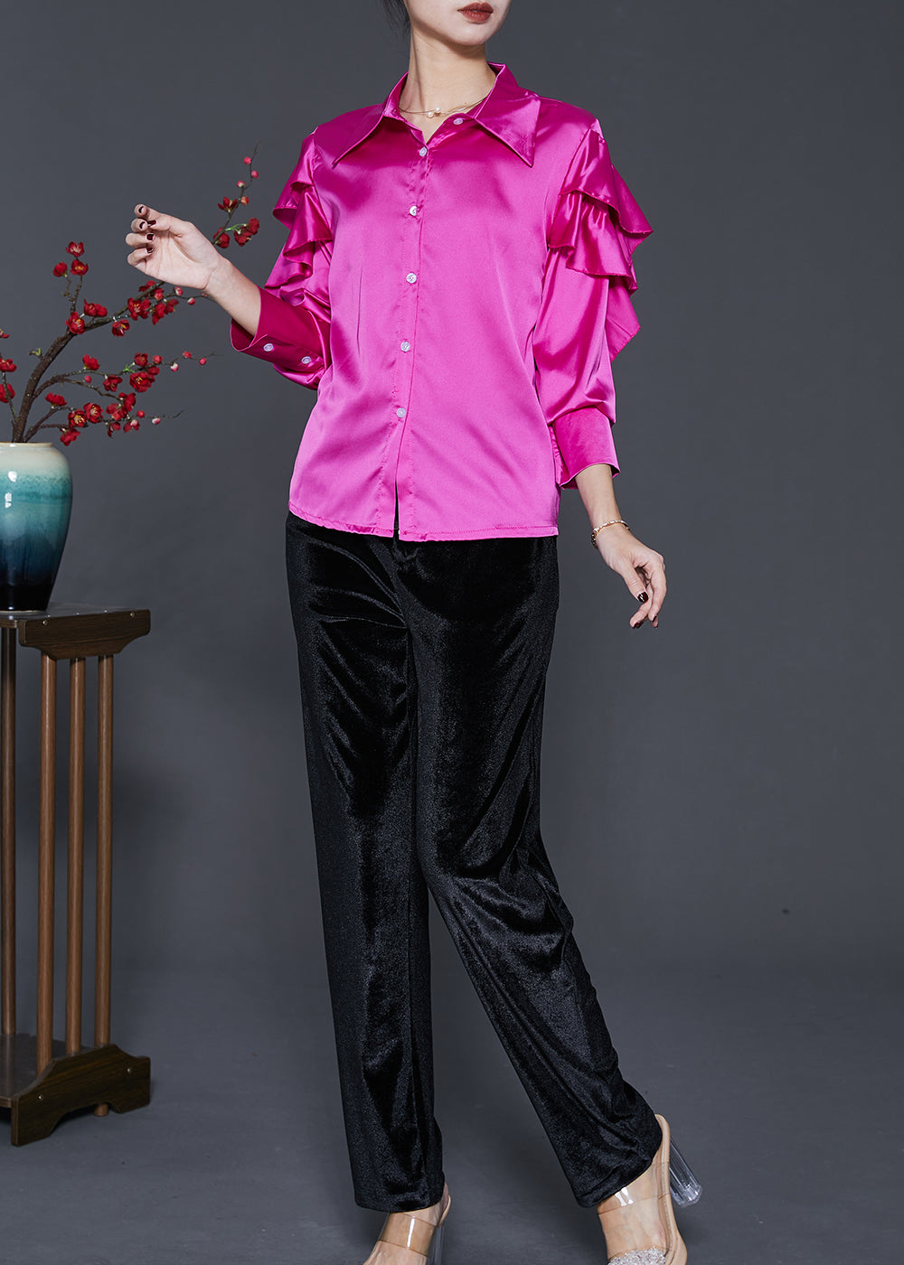 Beautiful Rose Silm Fit Silk Two Pieces Set Butterfly Sleeve - Omychic