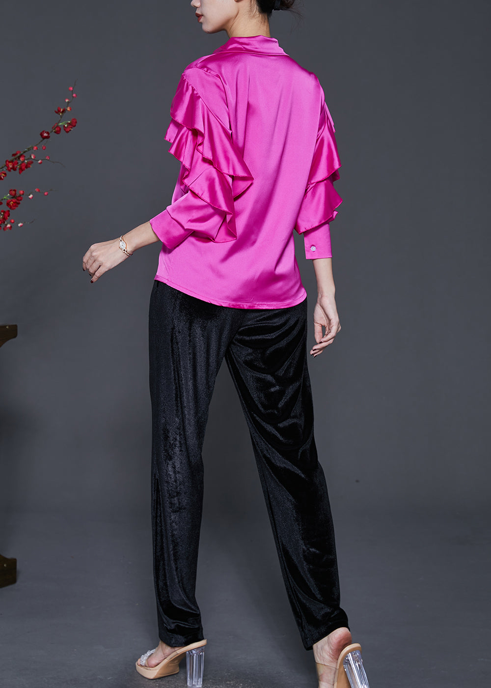 Beautiful Rose Silm Fit Silk Two Pieces Set Butterfly Sleeve - Omychic