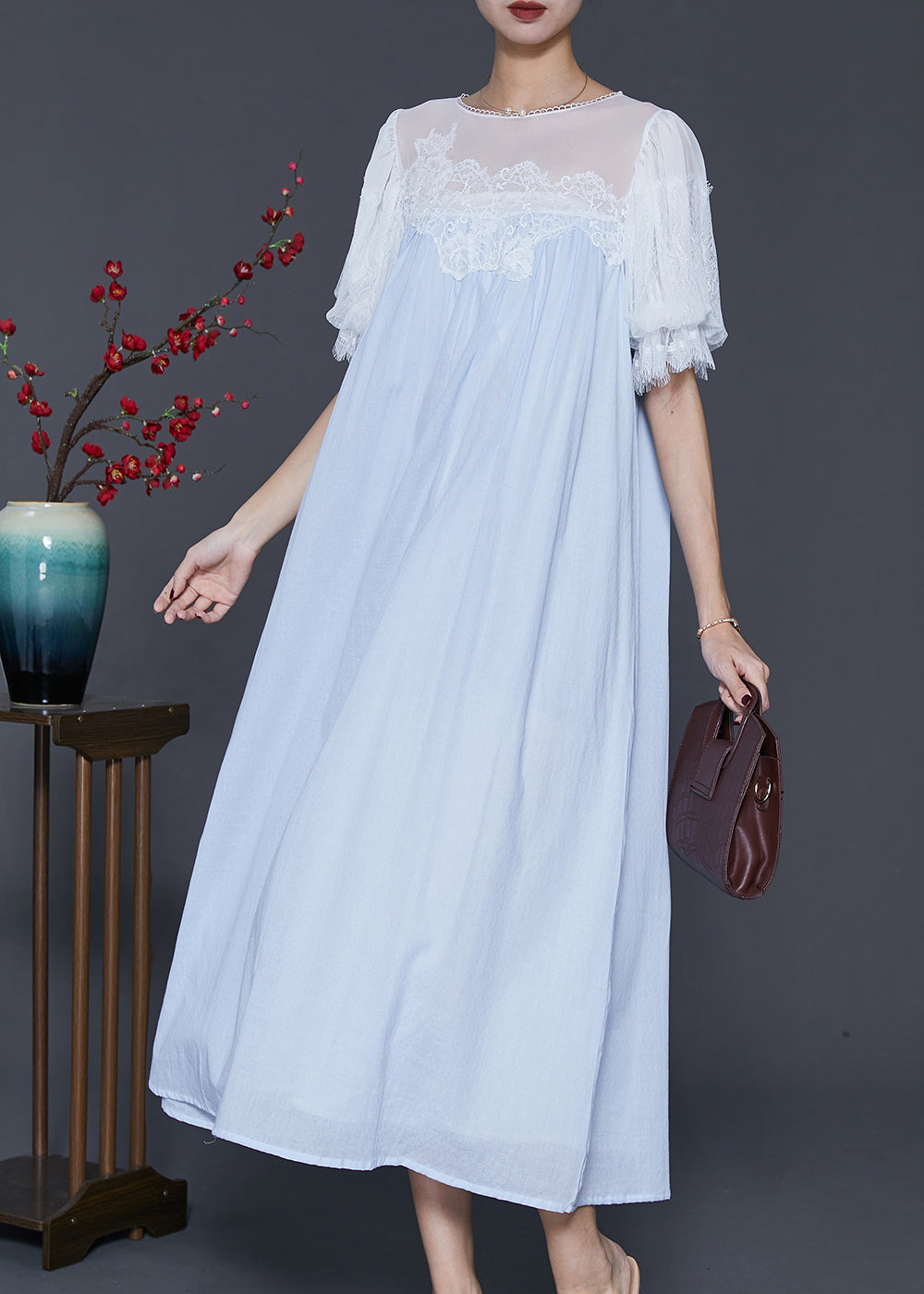 Beautiful Sky Blue Embroidered Patchwork Chiffon Vacation Dresses Summer