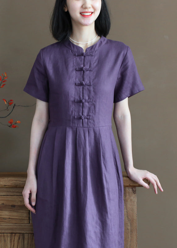 Beautiful Solid Purple Stand Collar Cinched Button Linen Cinch Dress Short Sleeve