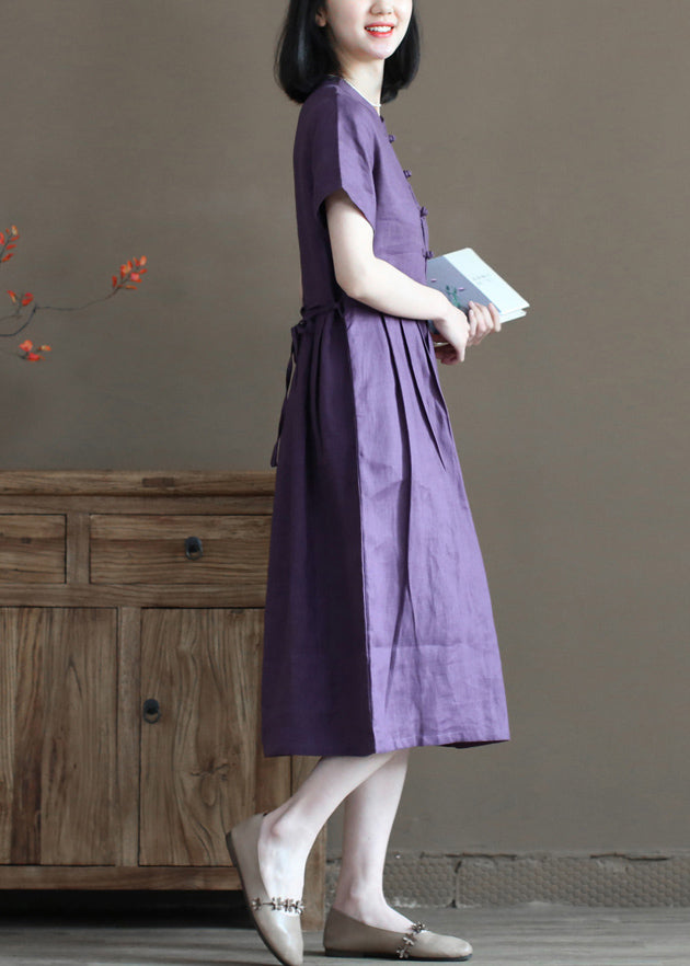 Beautiful Solid Purple Stand Collar Cinched Button Linen Cinch Dress Short Sleeve