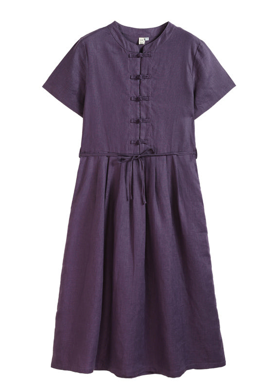 Beautiful Solid Purple Stand Collar Cinched Button Linen Cinch Dress Short Sleeve