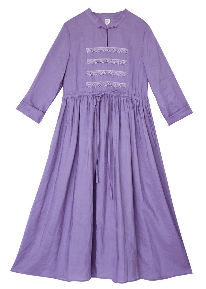 Beautiful Stand Collar Patchwork Lace Spring Pattern Shape Purple Plus Size Dress - Omychic