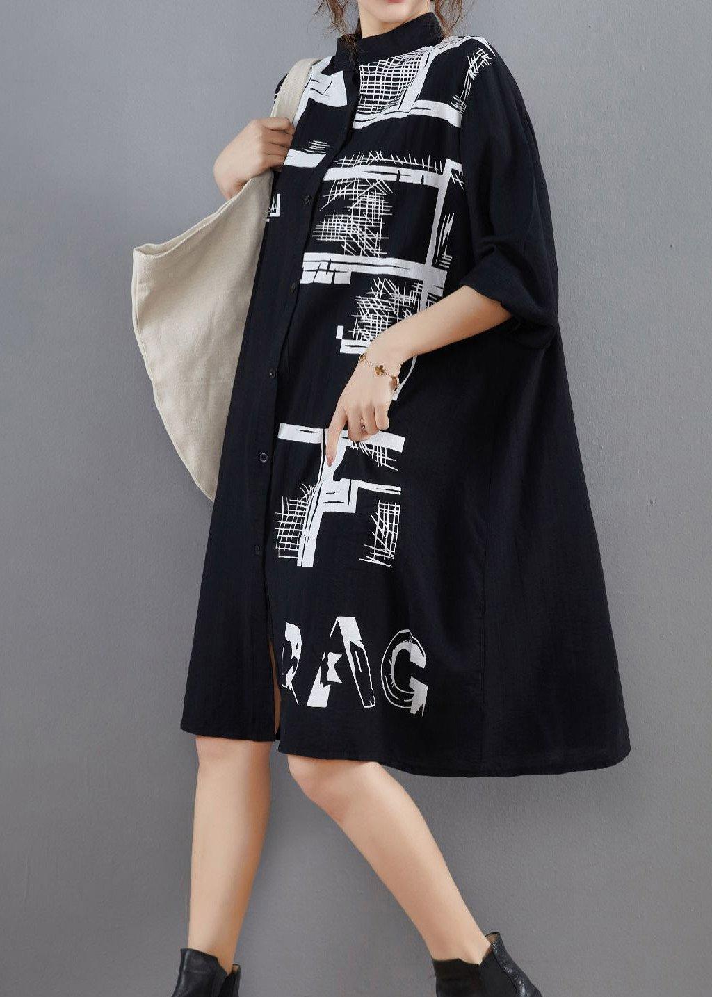 Beautiful Stand Collar Spring Tunic Dress Black Print Loose Dress ( Limited Stock) - Omychic