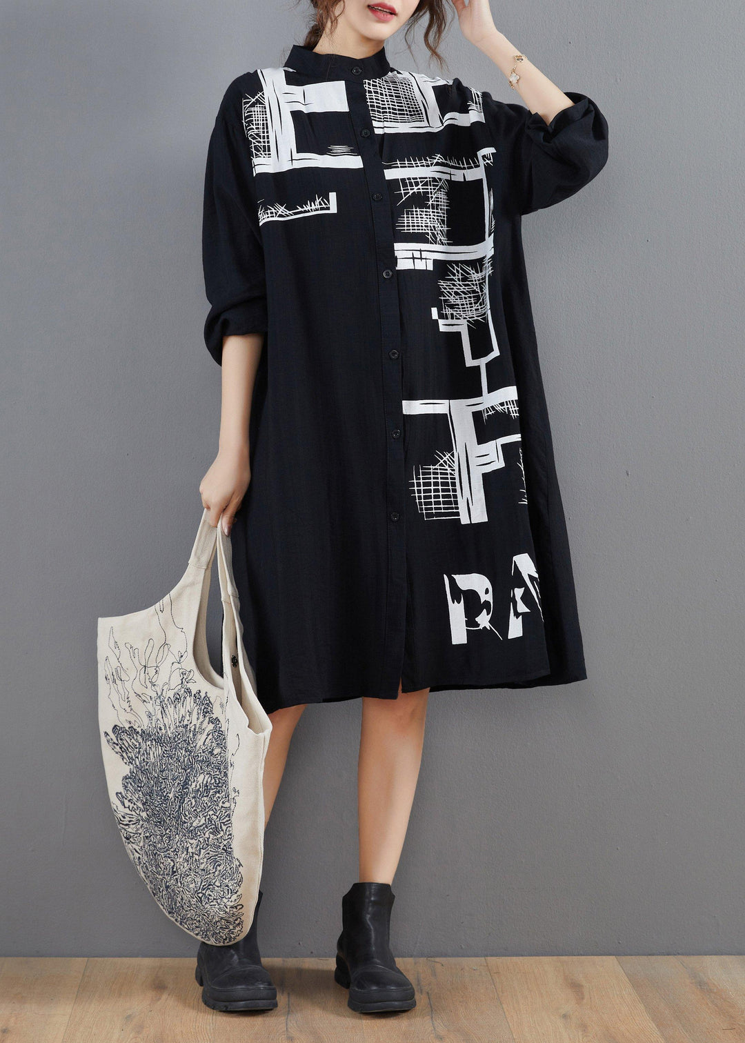 Beautiful Stand Collar Spring Tunic Dress Black Print Loose Dress ( Limited Stock) - Omychic