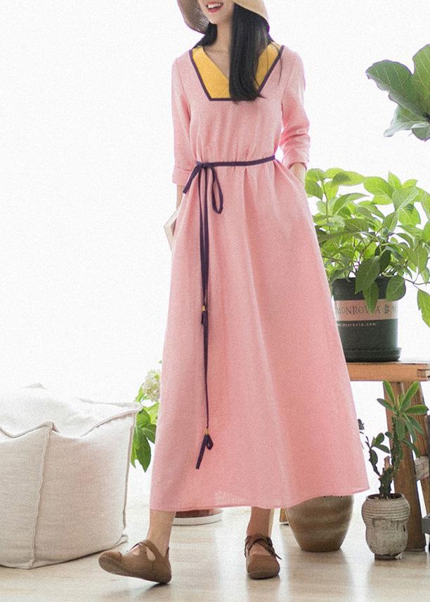 Beautiful V Neck Patchwork Spring Clothes Fabrics Pink Maxi Dress - Omychic