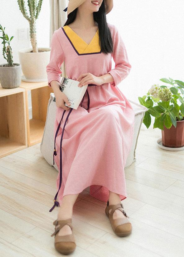 Beautiful V Neck Patchwork Spring Clothes Fabrics Pink Maxi Dress - Omychic