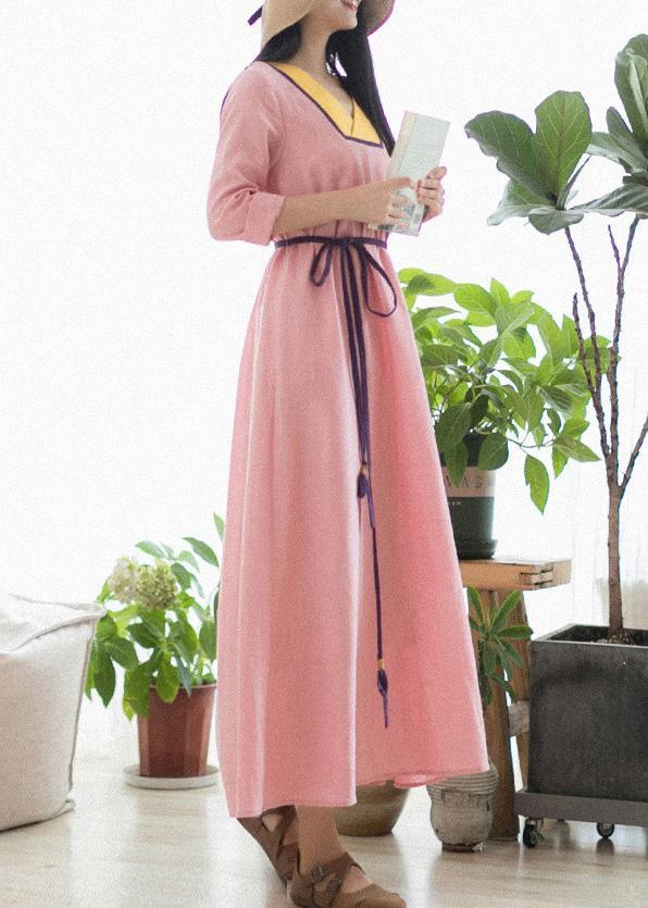 Beautiful V Neck Patchwork Spring Clothes Fabrics Pink Maxi Dress - Omychic