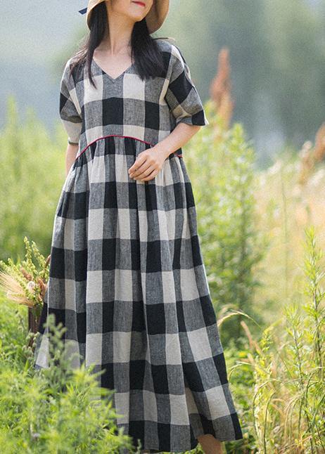 Beautiful V-Neck Patchwork Summer Women Black White Plaid Dresses - Omychic