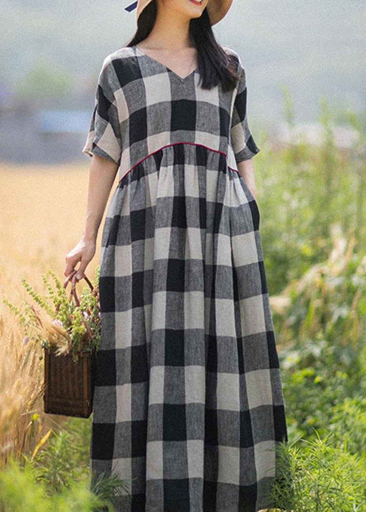 Beautiful V-Neck Patchwork Summer Women Black White Plaid Dresses - Omychic