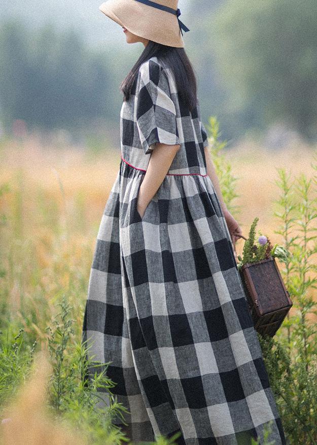 Beautiful V-Neck Patchwork Summer Women Black White Plaid Dresses - Omychic