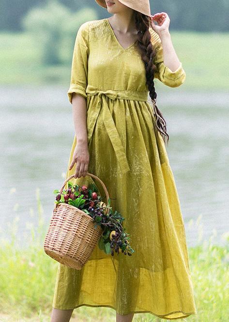 Beautiful V Neck Tie Waist Summer Clothes For Women Fashion Ideas Yellow Loose Dress - Omychic