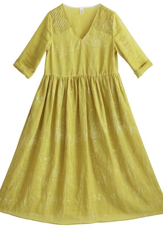 Beautiful V Neck Tie Waist Summer Clothes For Women Fashion Ideas Yellow Loose Dress - Omychic