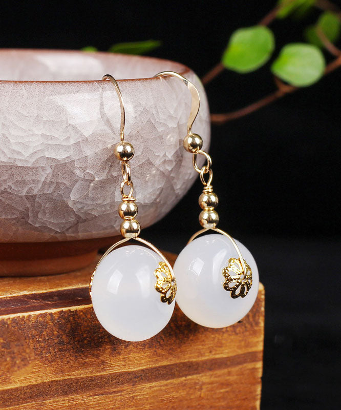 Beautiful White 14K Gold Chalcedony Floral Drop Earrings