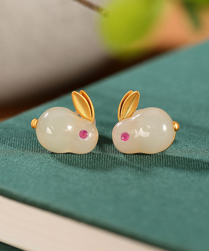 Beautiful White Cute Rabbit Jade 14K Gold Stud Earrings And Pendant Necklace And Ring