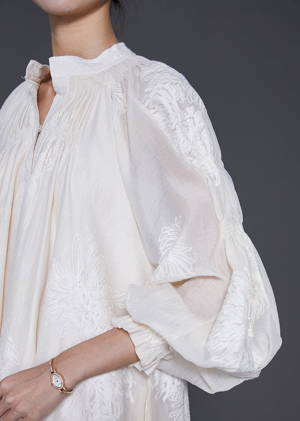 Beautiful White Embroidered Silk Maxi Dress Lantern Sleeve
