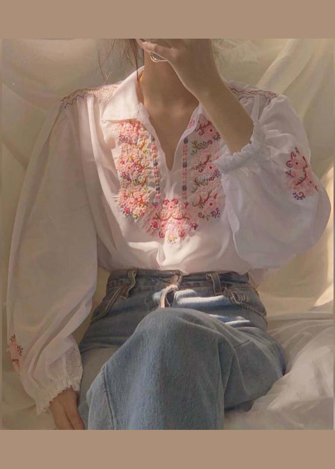 Beautiful White Embroideried Patchwork Chiffon Shirt Fall