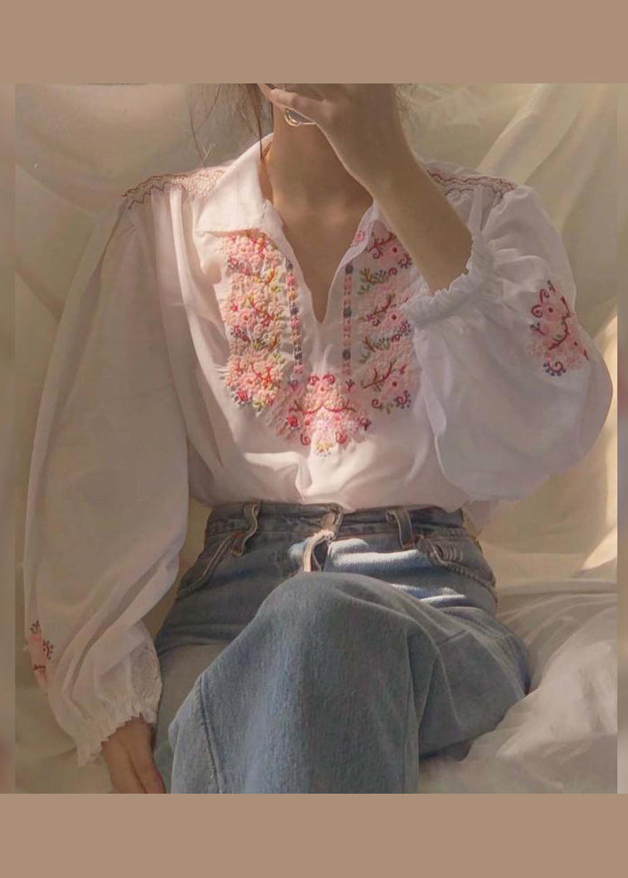 Beautiful White Embroideried Patchwork Chiffon Shirt Fall