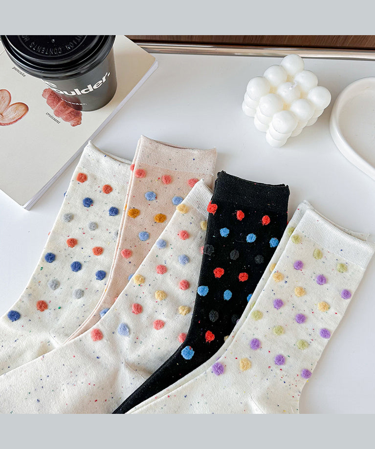 Beautiful White Fuzzy Ball Decorated Cotton Mid Calf Socks