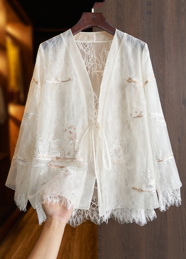 Beautiful White Lace Up Printed Lace Patchwork Top Fall