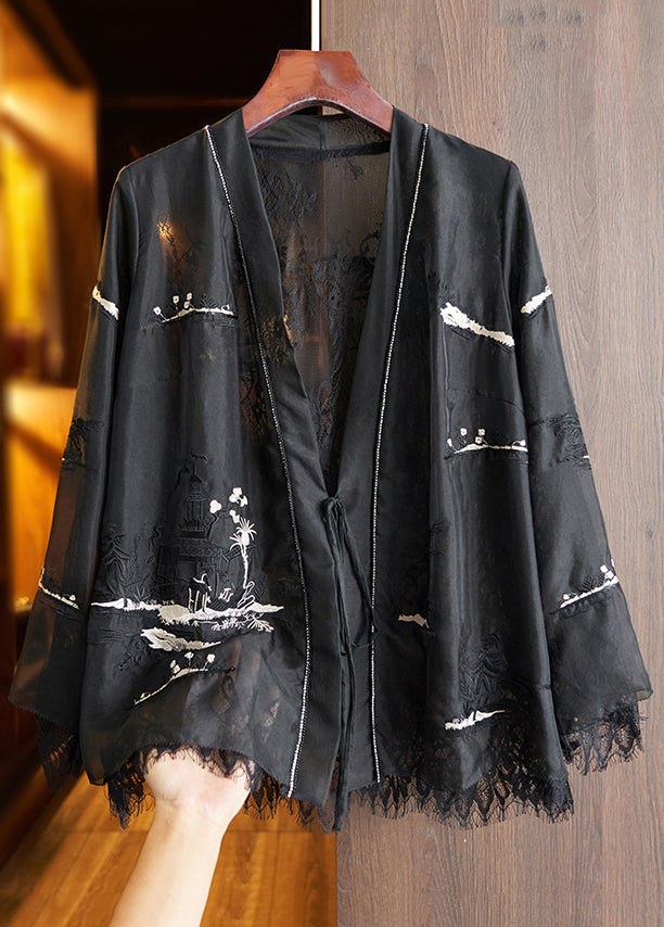 Beautiful White Lace Up Printed Lace Patchwork Top Fall