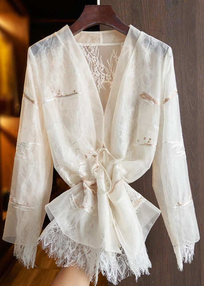 Beautiful White Lace Up Printed Lace Patchwork Top Fall