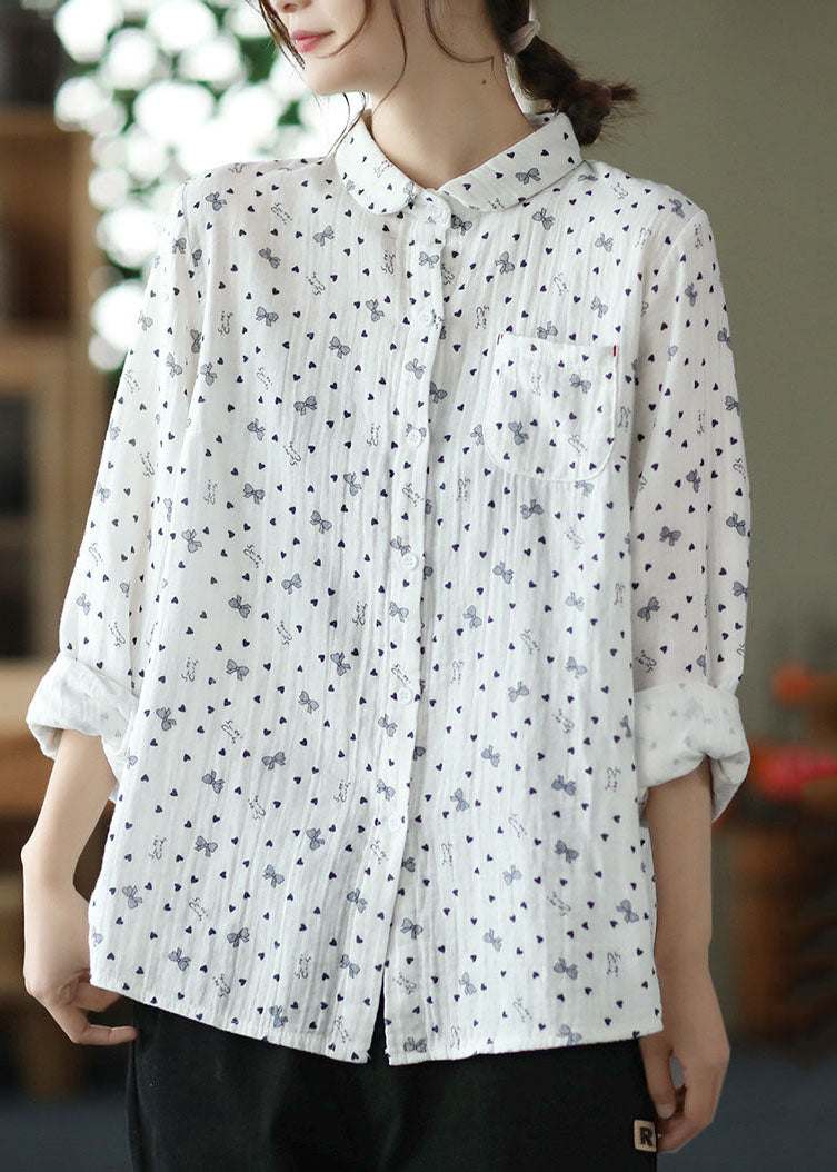 Beautiful White Peter Pan Collar Print Patchwork Cotton Shirts Top Spring