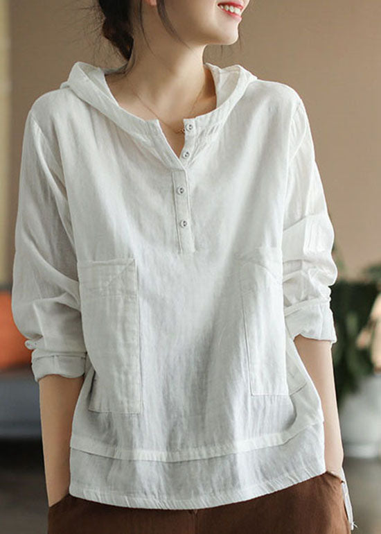 Beautiful White Pocket Hooded Cotton Top Long Sleeve