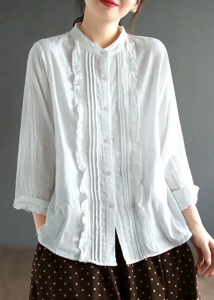 Beautiful White Stand Collar Ruffled Patchwork Cotton Blouse Tops Spring
