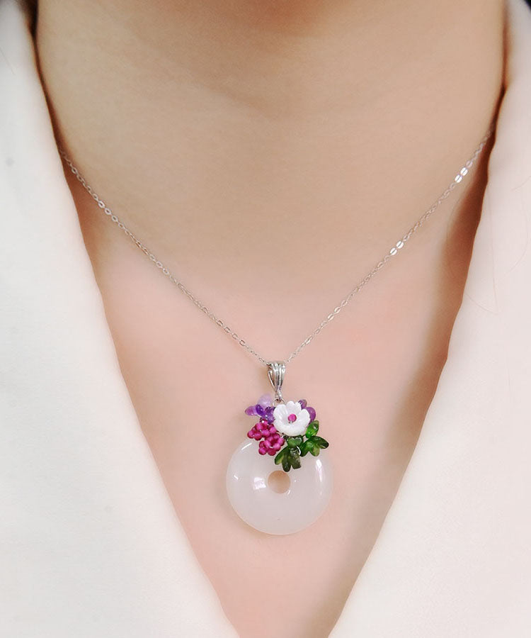 Beautiful White Sterling Silver Jade Ping Buckle Pendant Necklace