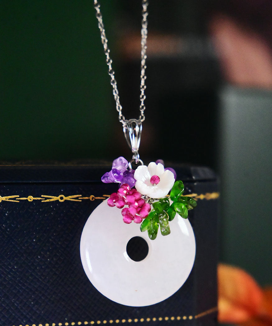 Beautiful White Sterling Silver Jade Ping Buckle Pendant Necklace