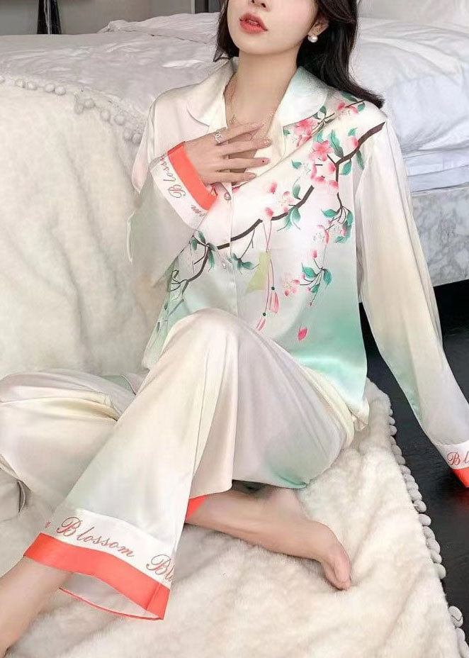 Beautiful White Turn-down Collar Print Draping Ice Silk Pajamas Two Piece Set Women Clothing Spring