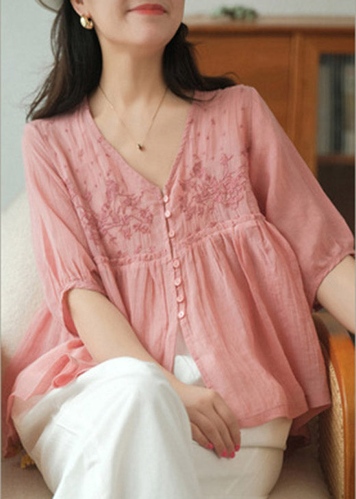 Beautiful White V Neck Embroideried Patchwork Button Linen Shirt Half Sleeve