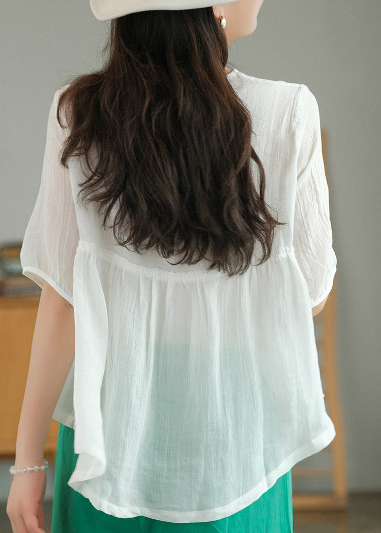 Beautiful White V Neck Embroideried Patchwork Button Linen Shirt Half Sleeve
