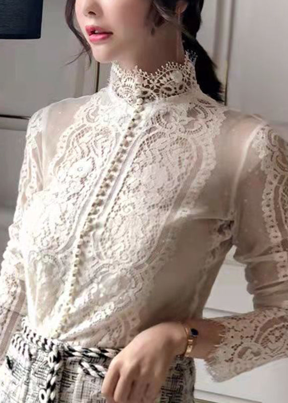 Beautiful White V Neck Pearl Button Lace Shirt Long Sleeve
