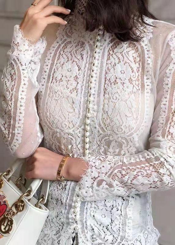 Beautiful White V Neck Pearl Button Lace Shirt Long Sleeve