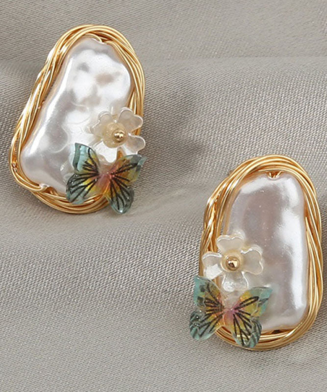 Beautiful Yellow Handmade Pearl Butterfl Floral Stud Earrings