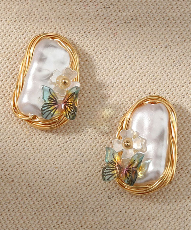 Beautiful Yellow Handmade Pearl Butterfl Floral Stud Earrings