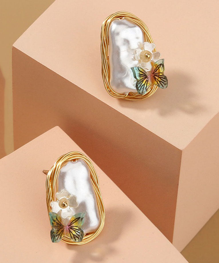 Beautiful Yellow Handmade Pearl Butterfl Floral Stud Earrings