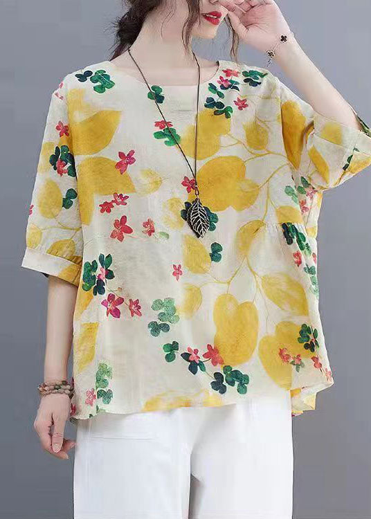 Yellow O Neck Print Patchwork Linen T-Shirts