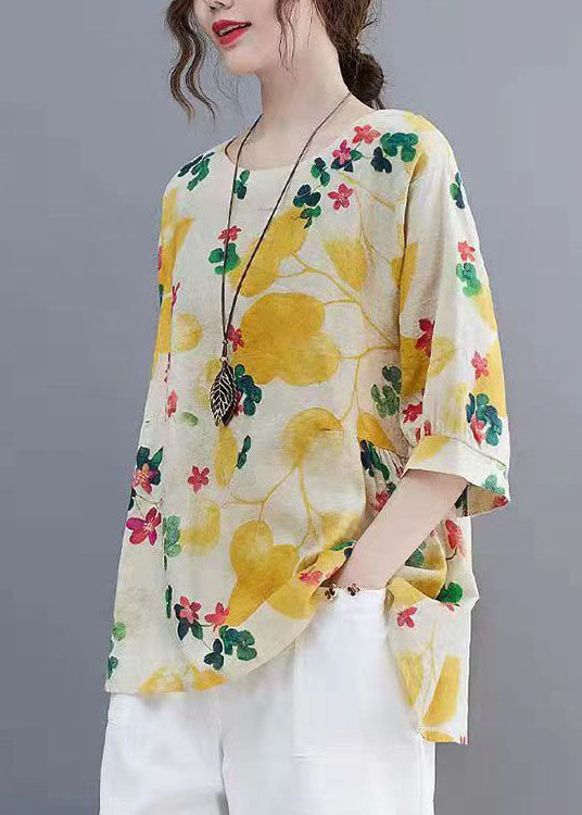 Yellow O Neck Print Patchwork Linen T-Shirts