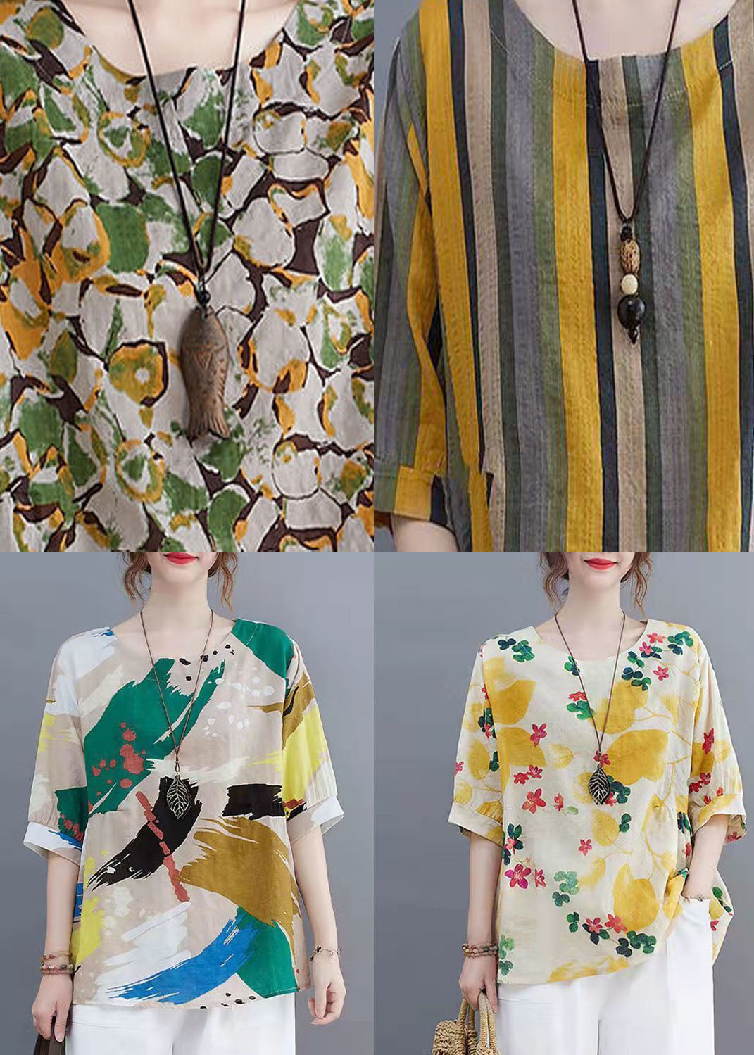 Yellow O Neck Print Patchwork Linen T-Shirts