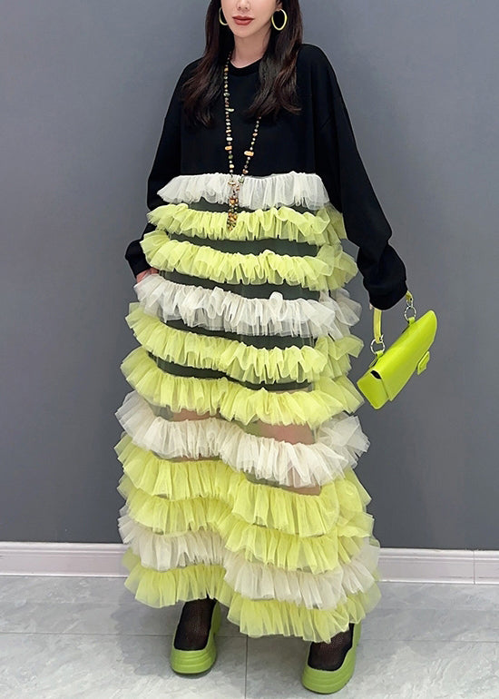 Beautiful Yellow O Neck Tulle Patchwork Fluffy Dresses Long Sleeve