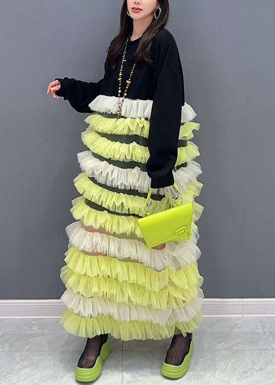 Beautiful Yellow O Neck Tulle Patchwork Fluffy Dresses Long Sleeve
