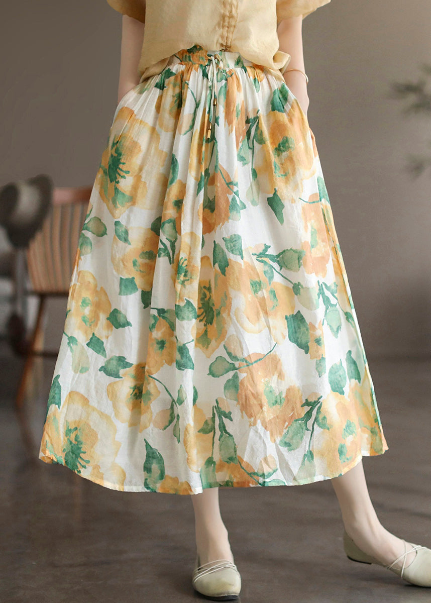 Beautiful Yellow Print Elastic Waist Maxi Skirt