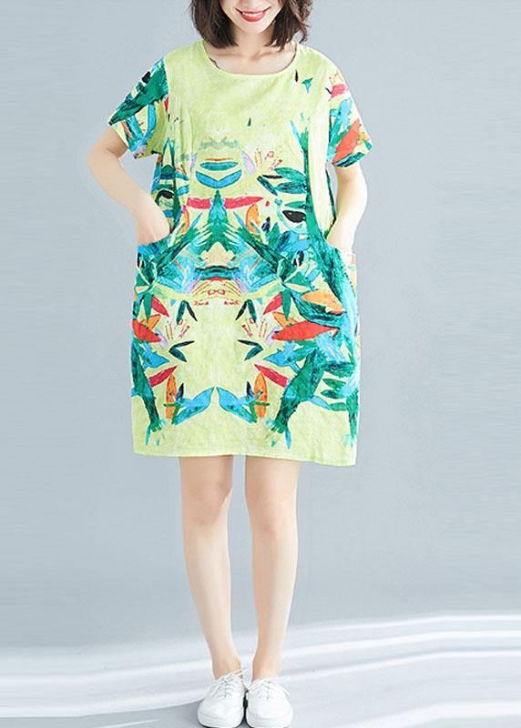 Beautiful Yellow Retro Print Summer Robe Dresses Short Sleeve - Omychic