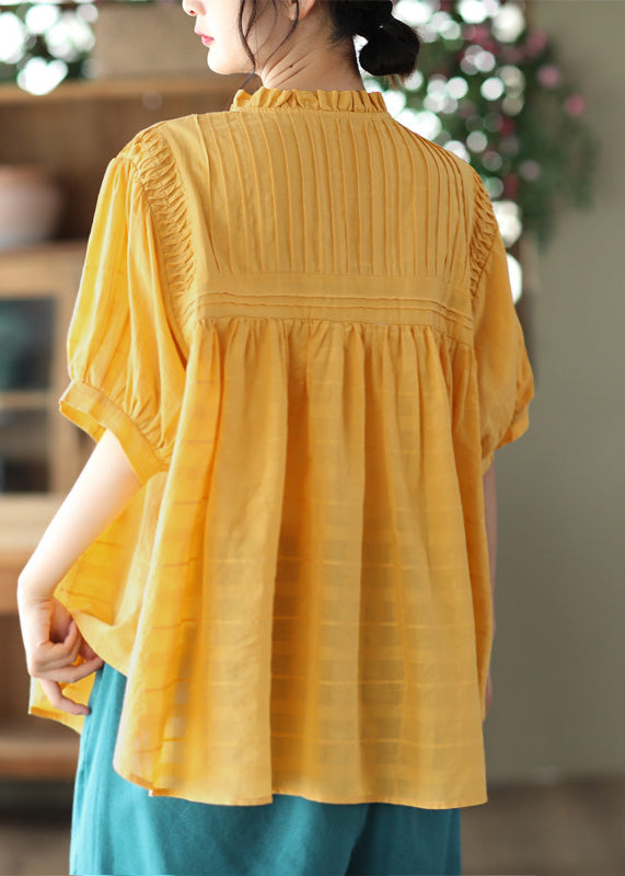 Beautiful Yellow Stand Collar Cinched Button Cotton Shirt Half Sleeve