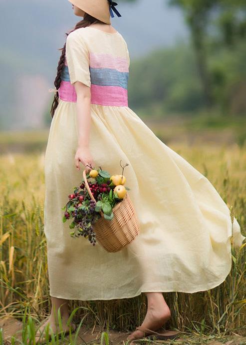 Beautiful Yellow Tunic Dress O Neck Patchwork Traveling Summer Dresses - Omychic